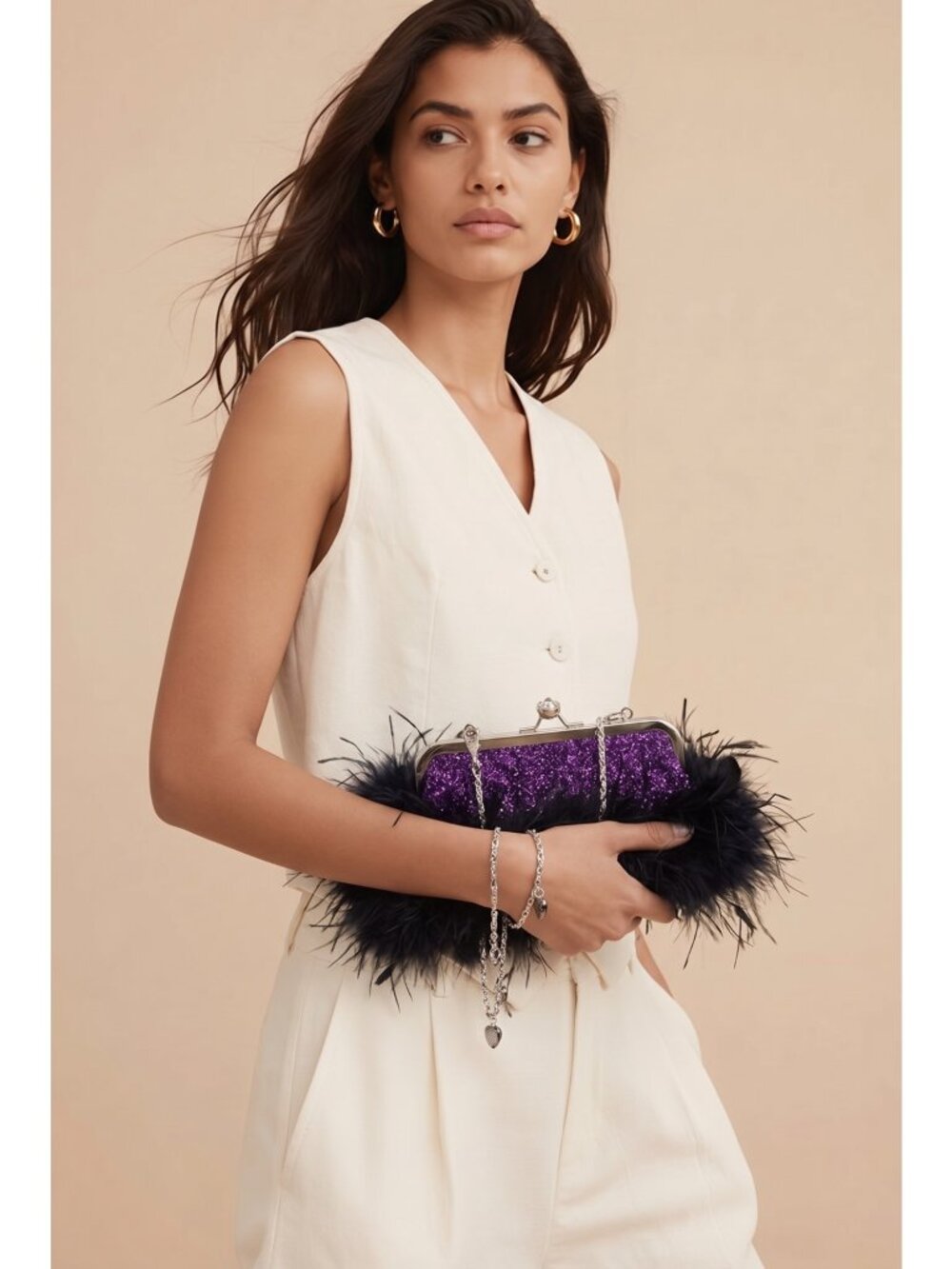 Purple Glitter Clutch With Black Feather Trim & Chain Strap - Evening Bag